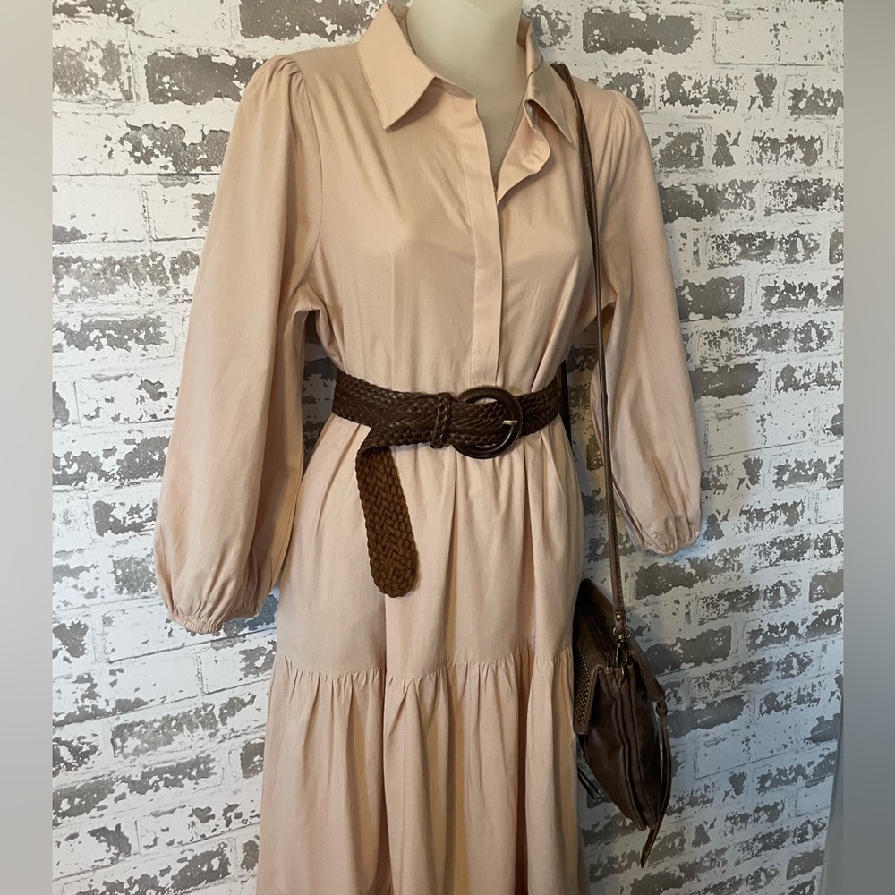 Pomander Place Neutral Tiered Midi Maxi Dress Minimalist Collared Puff sleeve S - Picture 2 of 7